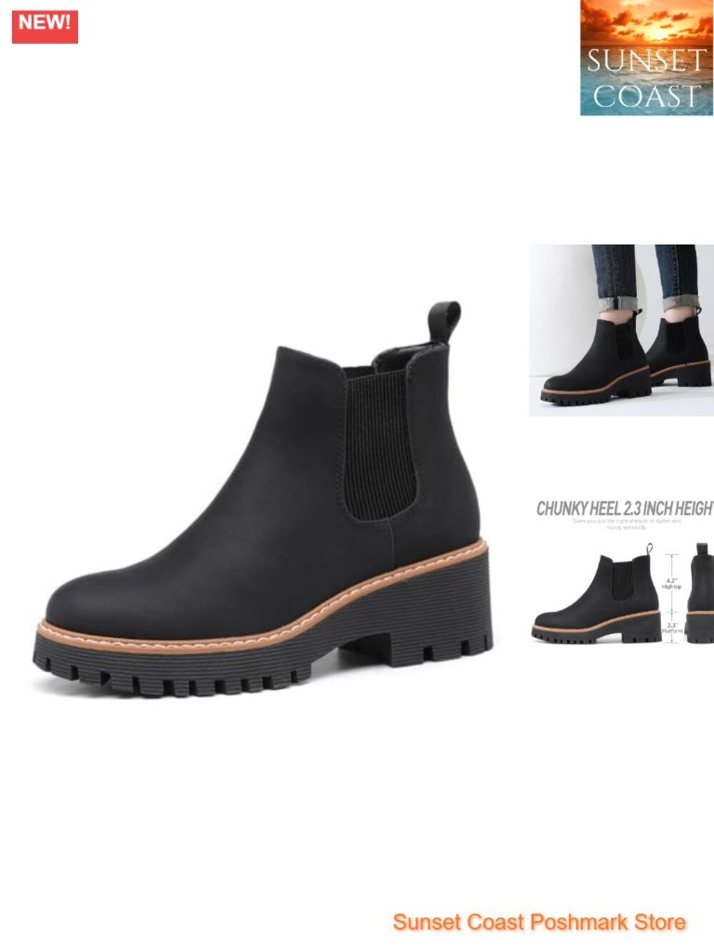 Women's Chunky Platform Chelsea Ankle Boots Faux Leather Suede Low Wedge Heel